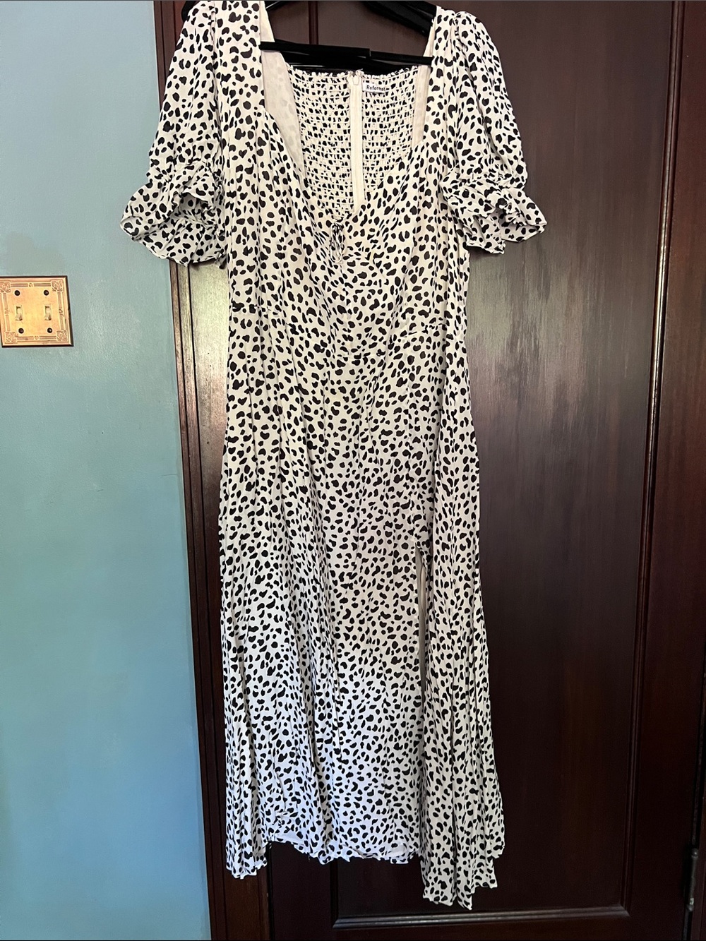 Reformation Black and White Spot Midi Dress with Puff Sleeves